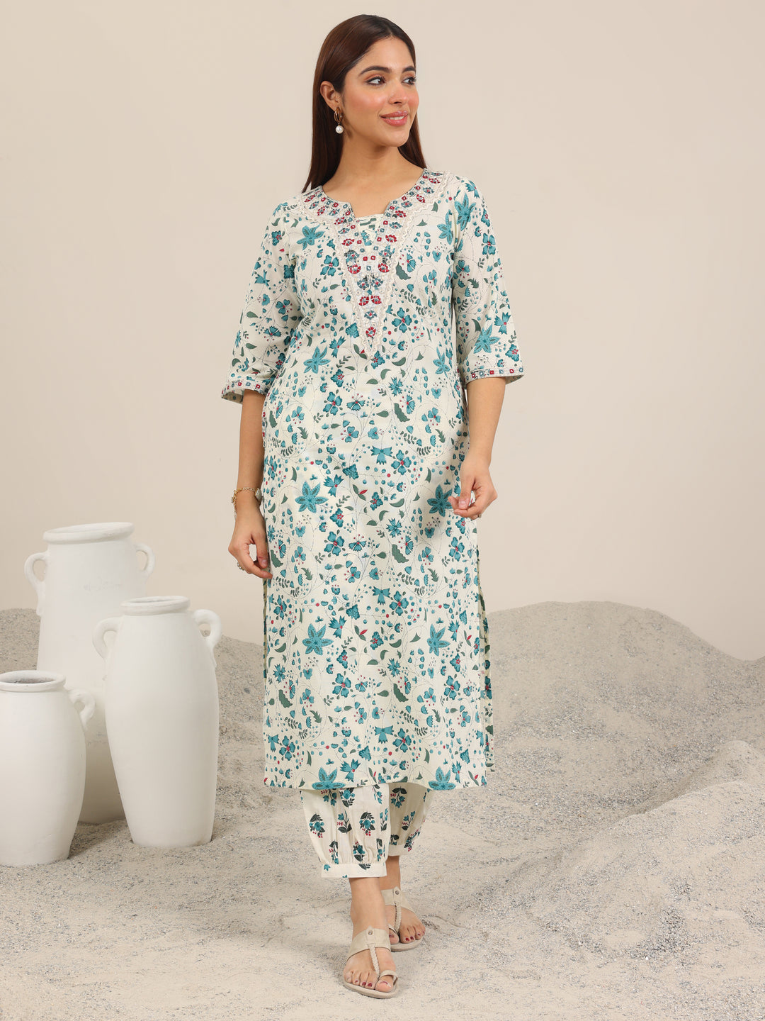 Off White Printed Cotton Straight Kurta Set