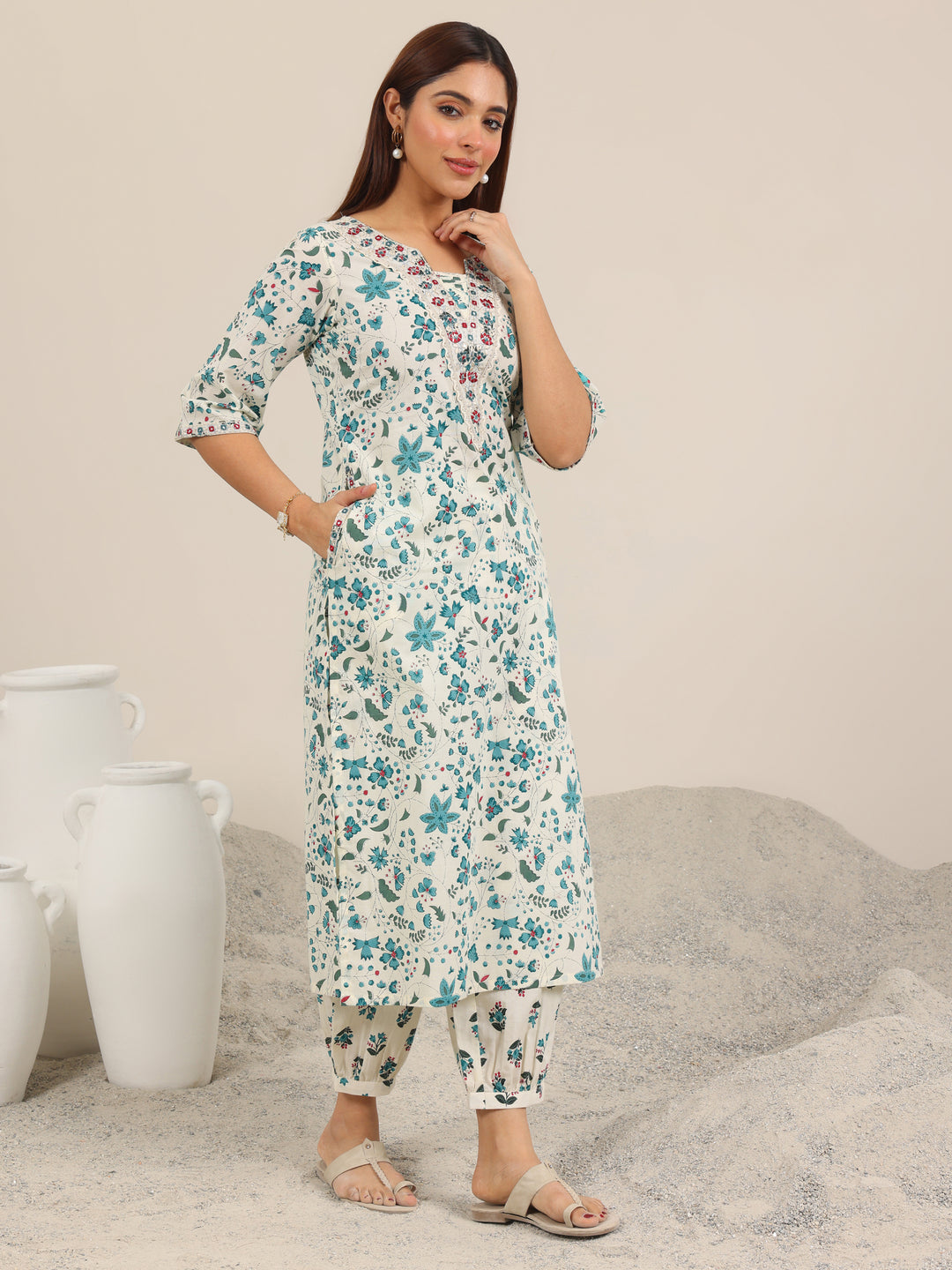 Off White Printed Cotton Straight Kurta Set