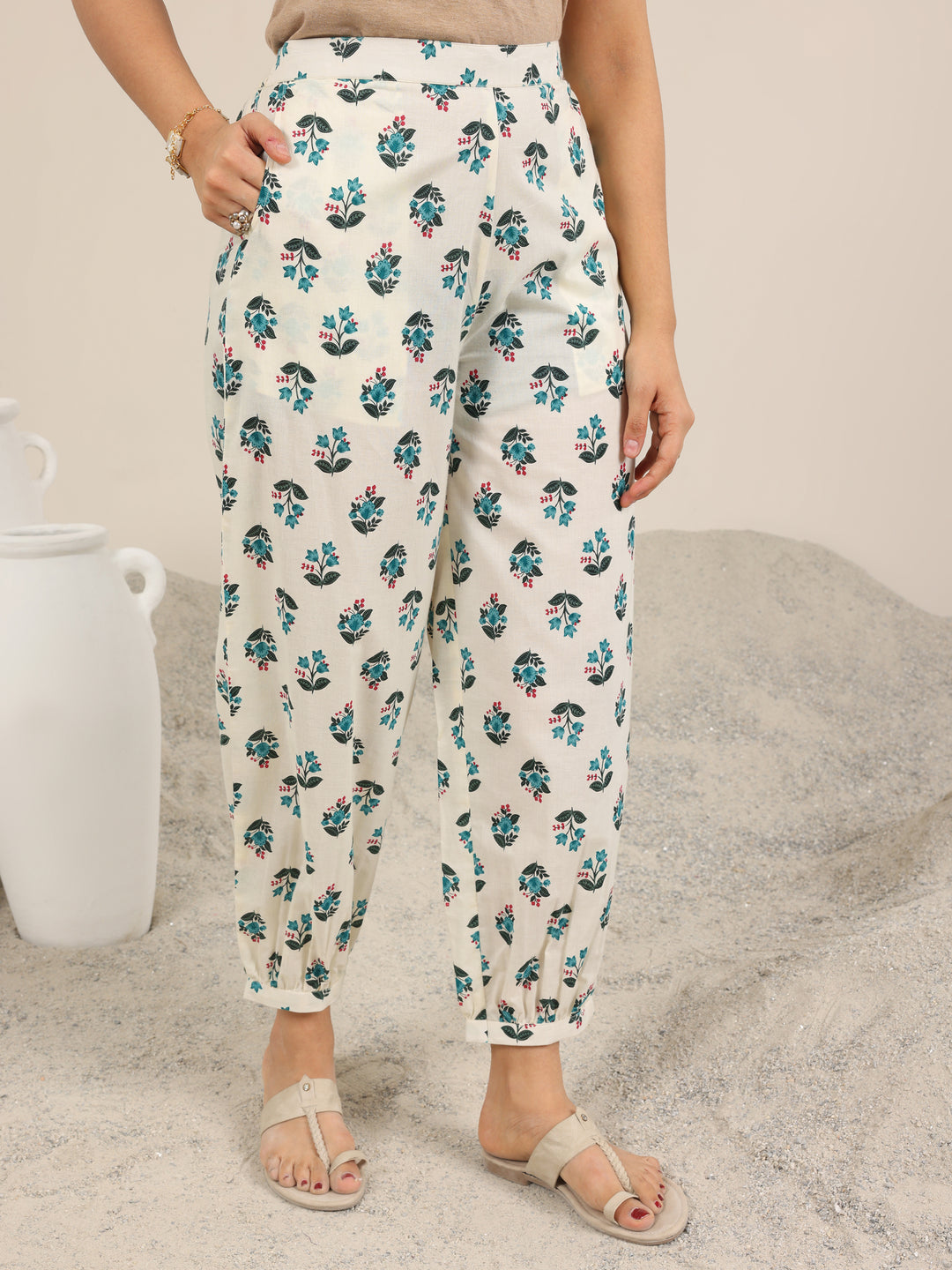 Off White Printed Cotton Straight Kurta Set