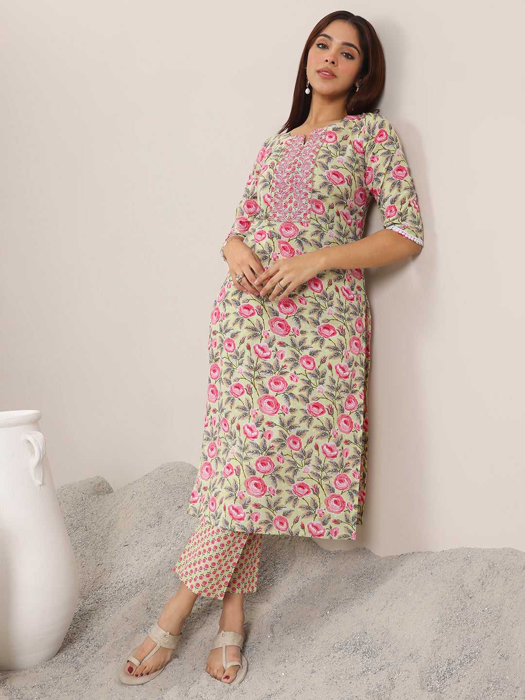 Green Printed Cotton Straight Kurta Set