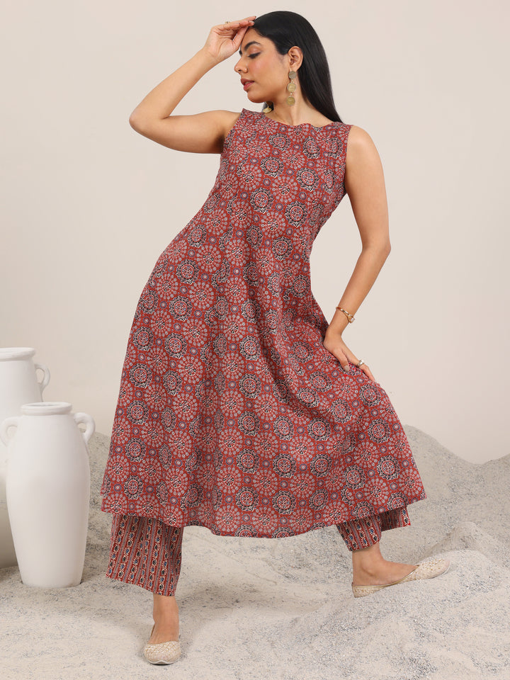 Maroon Printed Cotton A-Line Kurta Set
