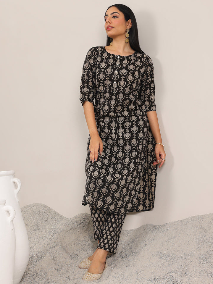 Black Printed Cotton Straight Kurta Set