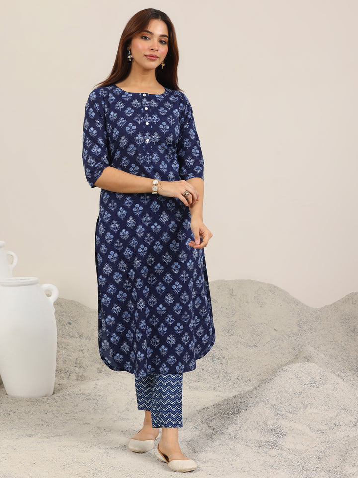 Blue Printed Cotton Straight Kurta Set