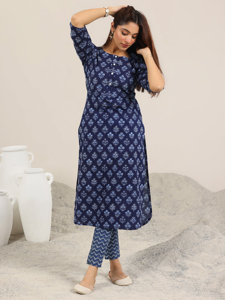 Blue Printed Cotton Straight Kurta Set