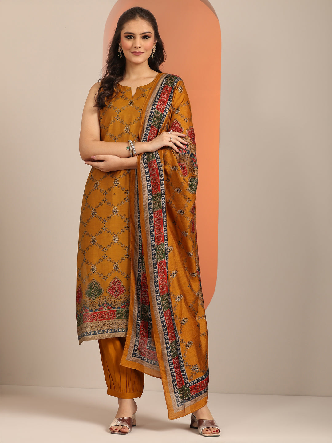 Mustard Printed Silk Blend Straight Suit Set WIth Dupatta