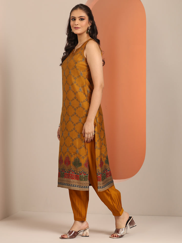 Mustard Printed Silk Blend Straight Suit Set WIth Dupatta