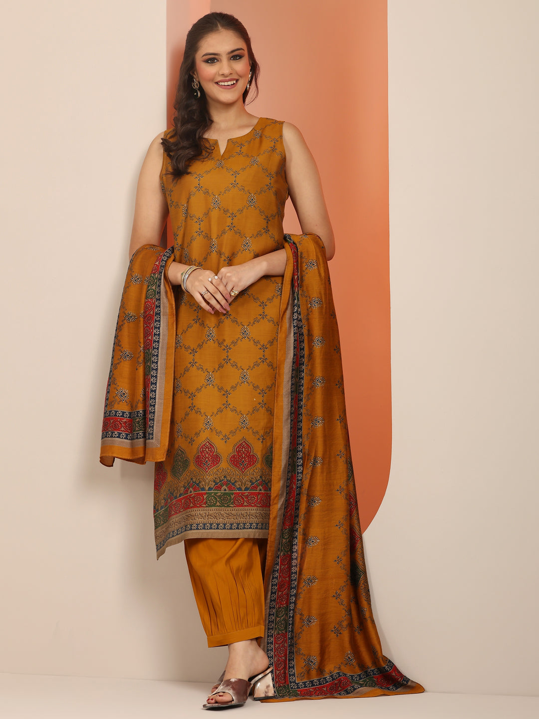 Mustard Printed Silk Blend Straight Suit Set WIth Dupatta
