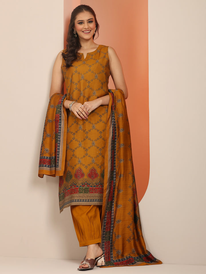 Mustard Printed Silk Blend Straight Suit Set WIth Dupatta