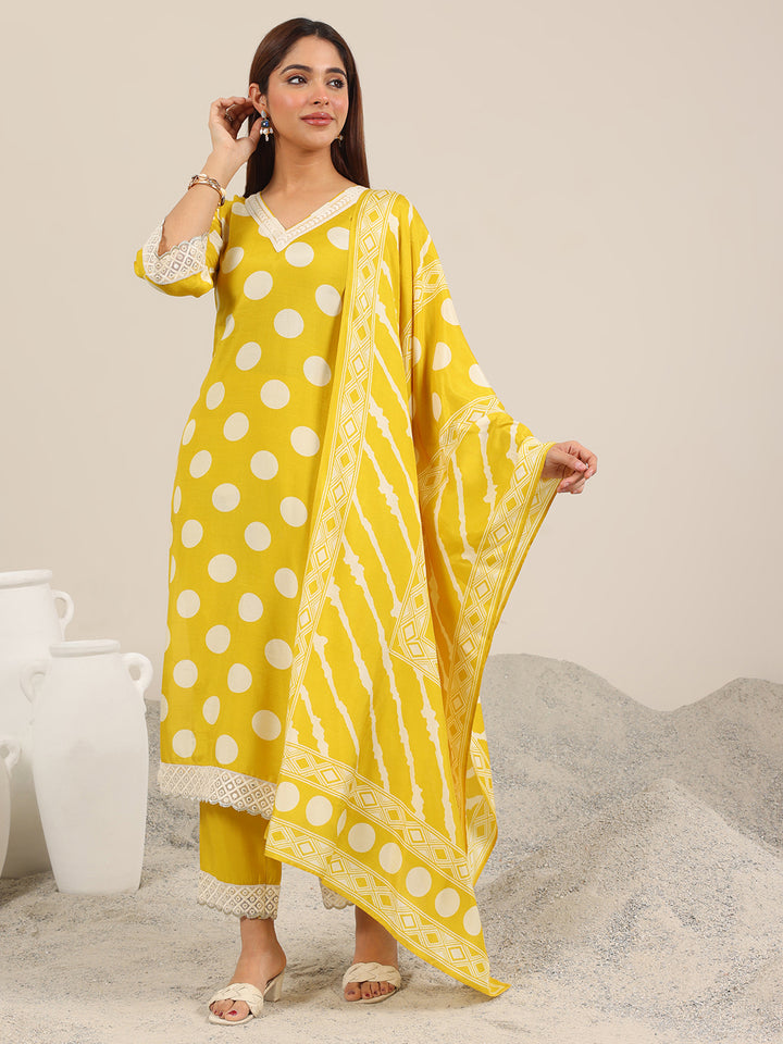 Yellow Printed Silk Blend Straight Suit Set WIth Dupatta