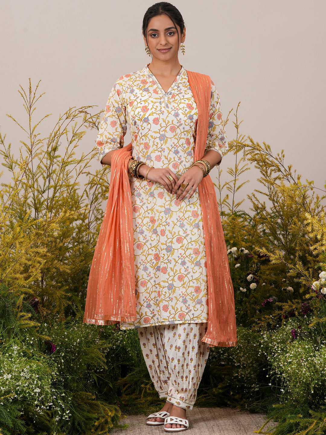 Off White Printed Cotton Straight Suit With Dupatta