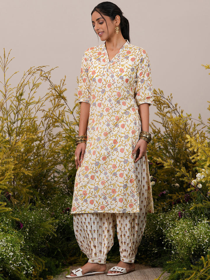 Off White Printed Cotton Straight Suit With Dupatta