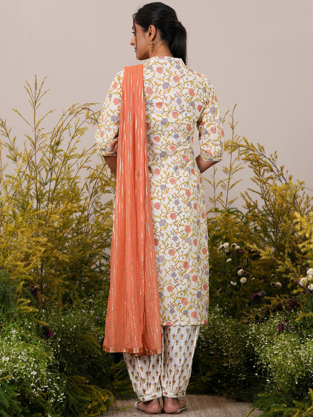 Off White Printed Cotton Straight Suit With Dupatta