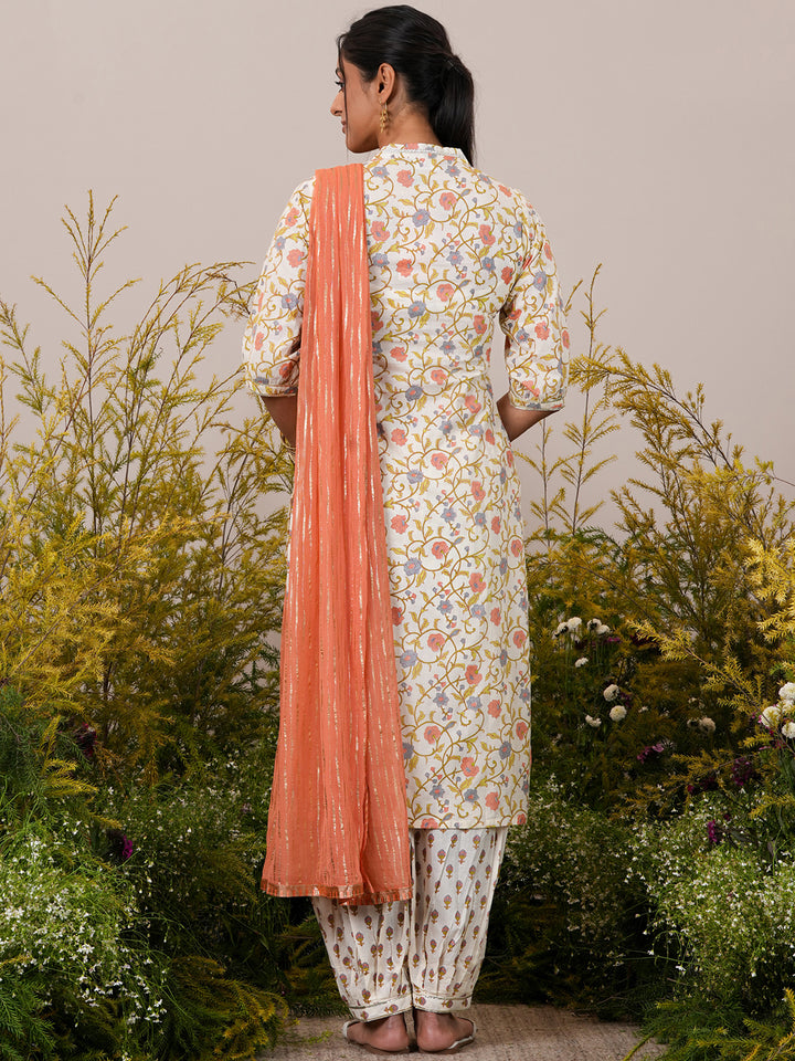 Off White Printed Cotton Straight Suit With Dupatta