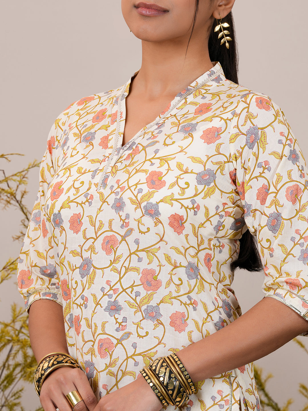 Off White Printed Cotton Straight Suit With Dupatta