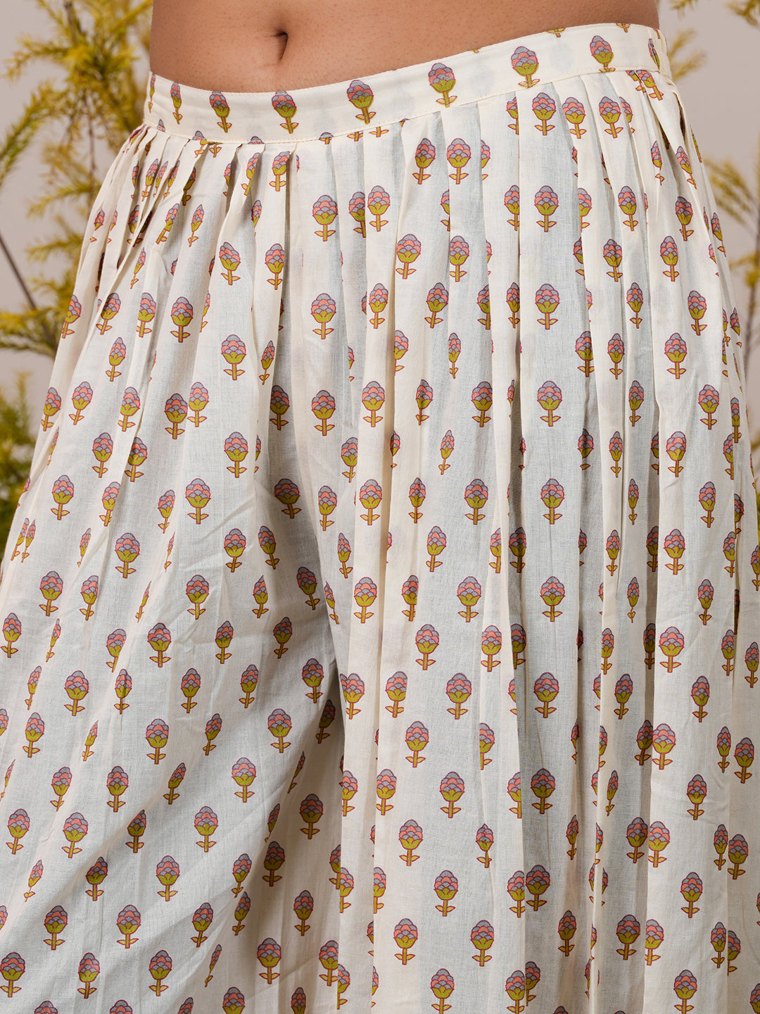 Off White Printed Cotton Straight Suit With Dupatta