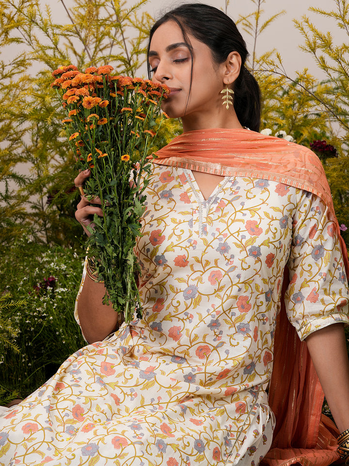 Off White Printed Cotton Straight Suit With Dupatta