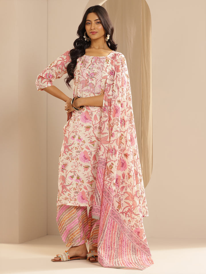 Pink Printed Cotton Straight Suit With Dupatta