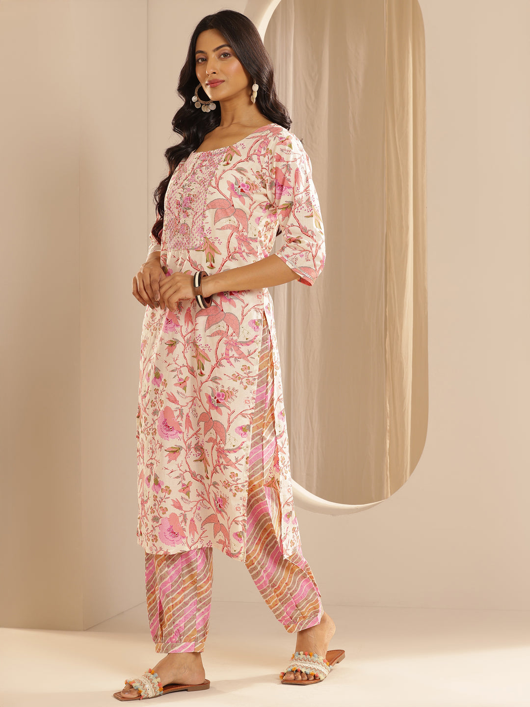 Pink Printed Cotton Straight Suit With Dupatta
