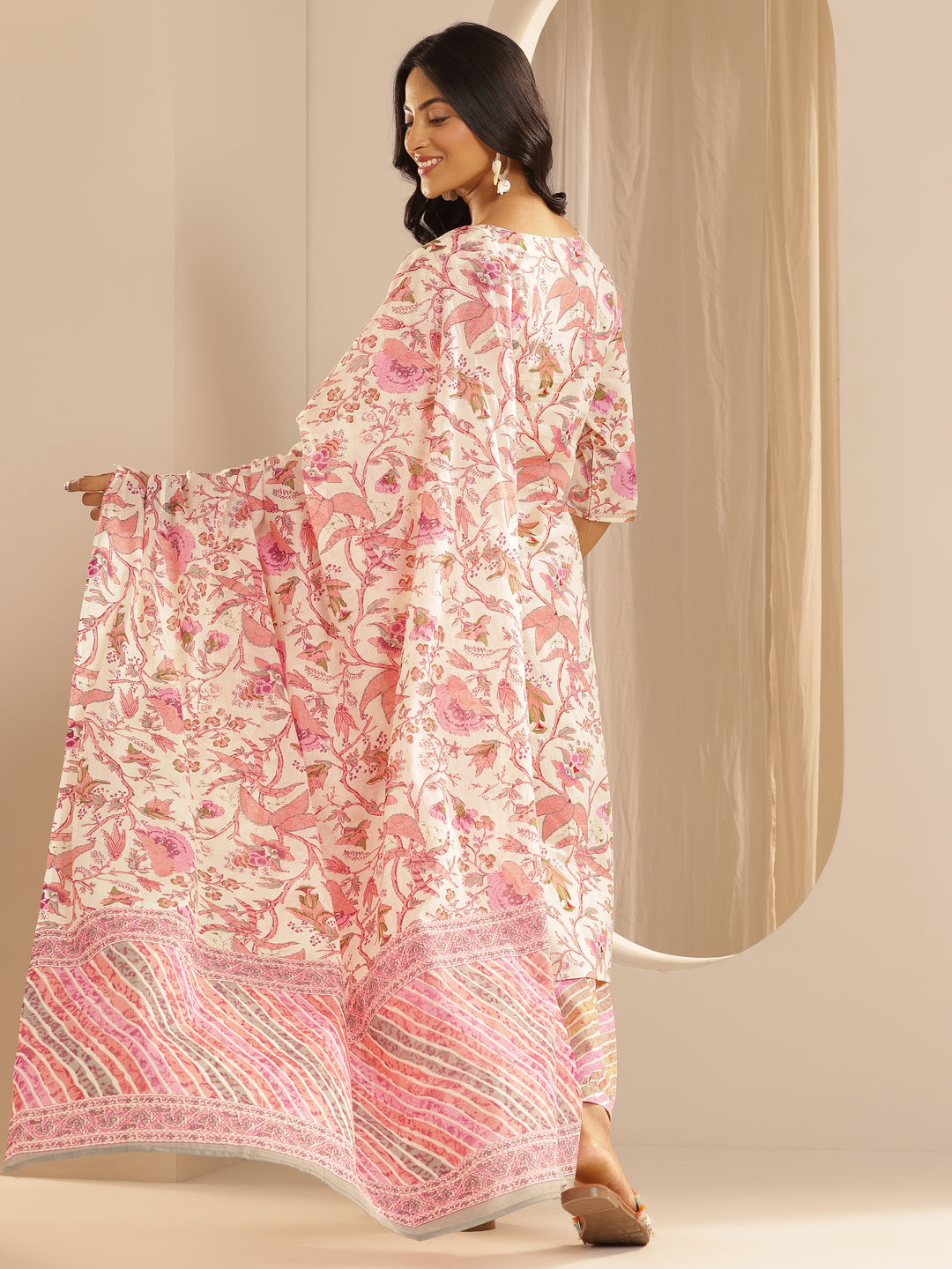 Pink Printed Cotton Straight Suit With Dupatta