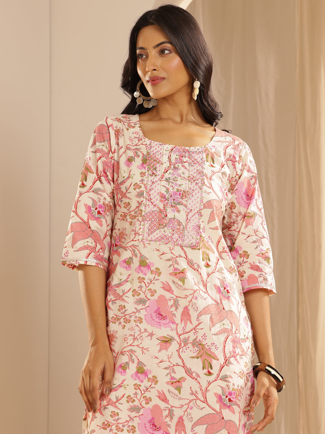 Pink Printed Cotton Straight Suit With Dupatta