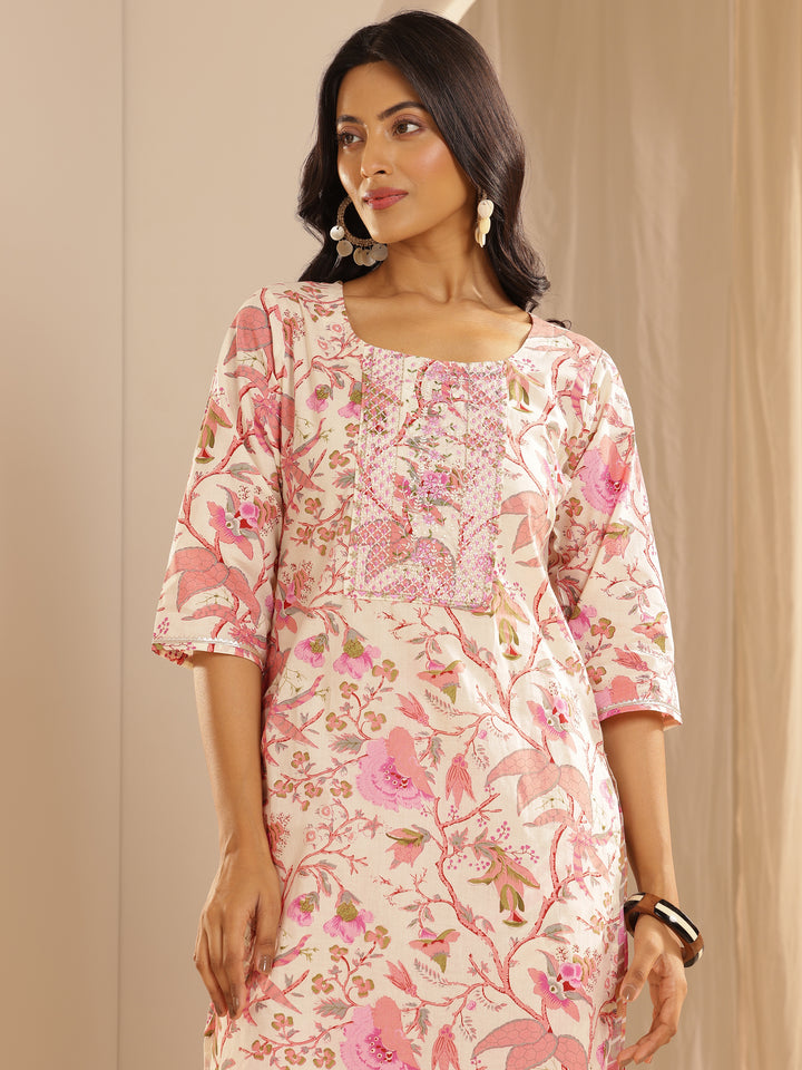 Pink Printed Cotton Straight Suit With Dupatta