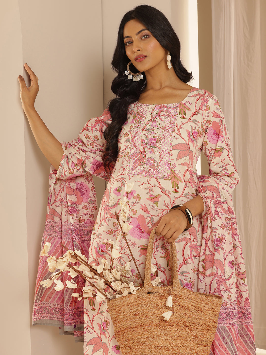 Pink Printed Cotton Straight Suit With Dupatta