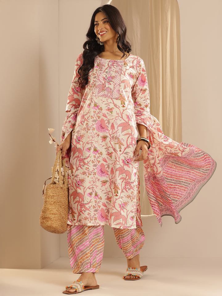Pink Printed Cotton Straight Suit With Dupatta