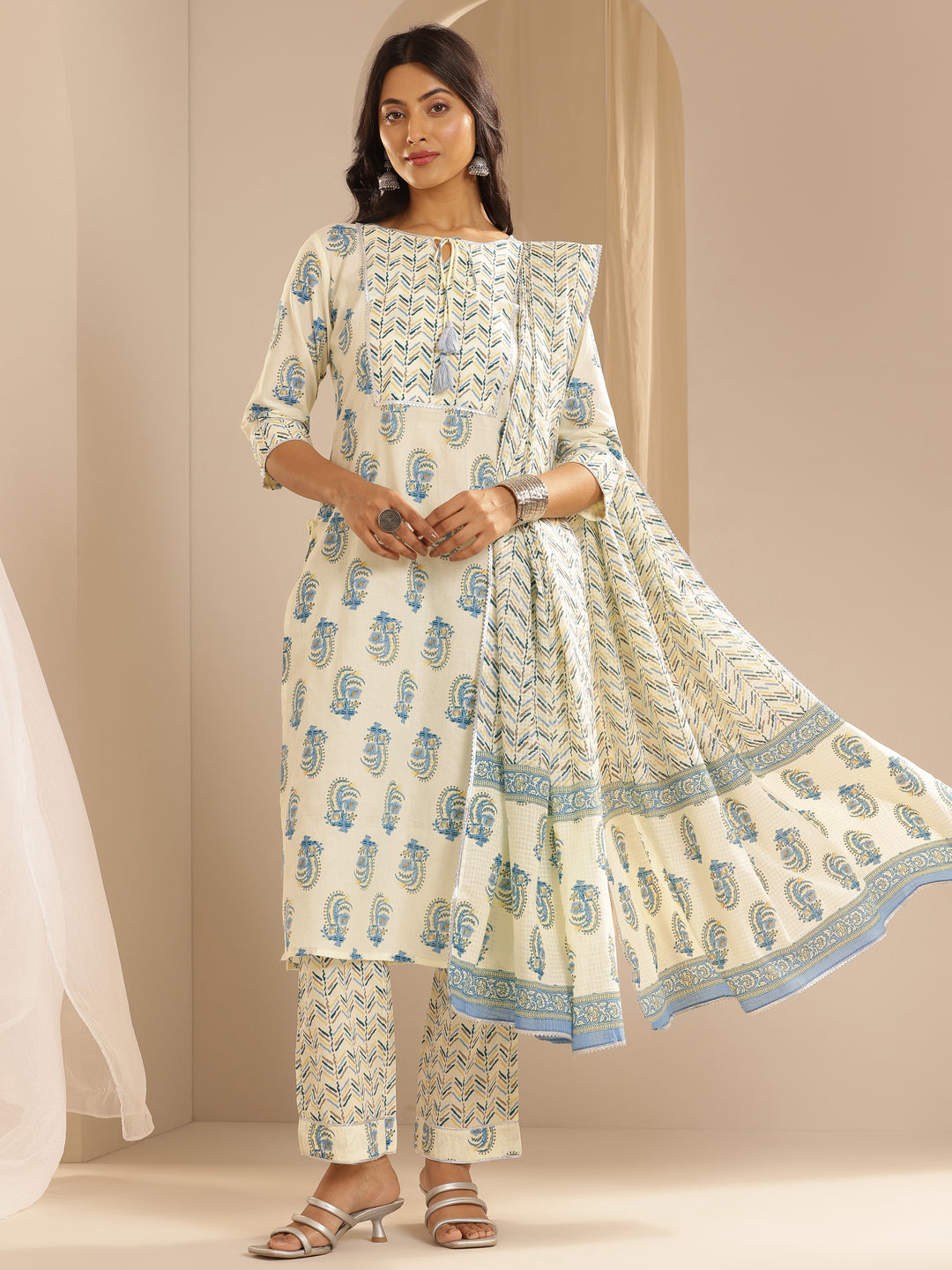 Cream Printed Cotton Straight Suit With Dupatta