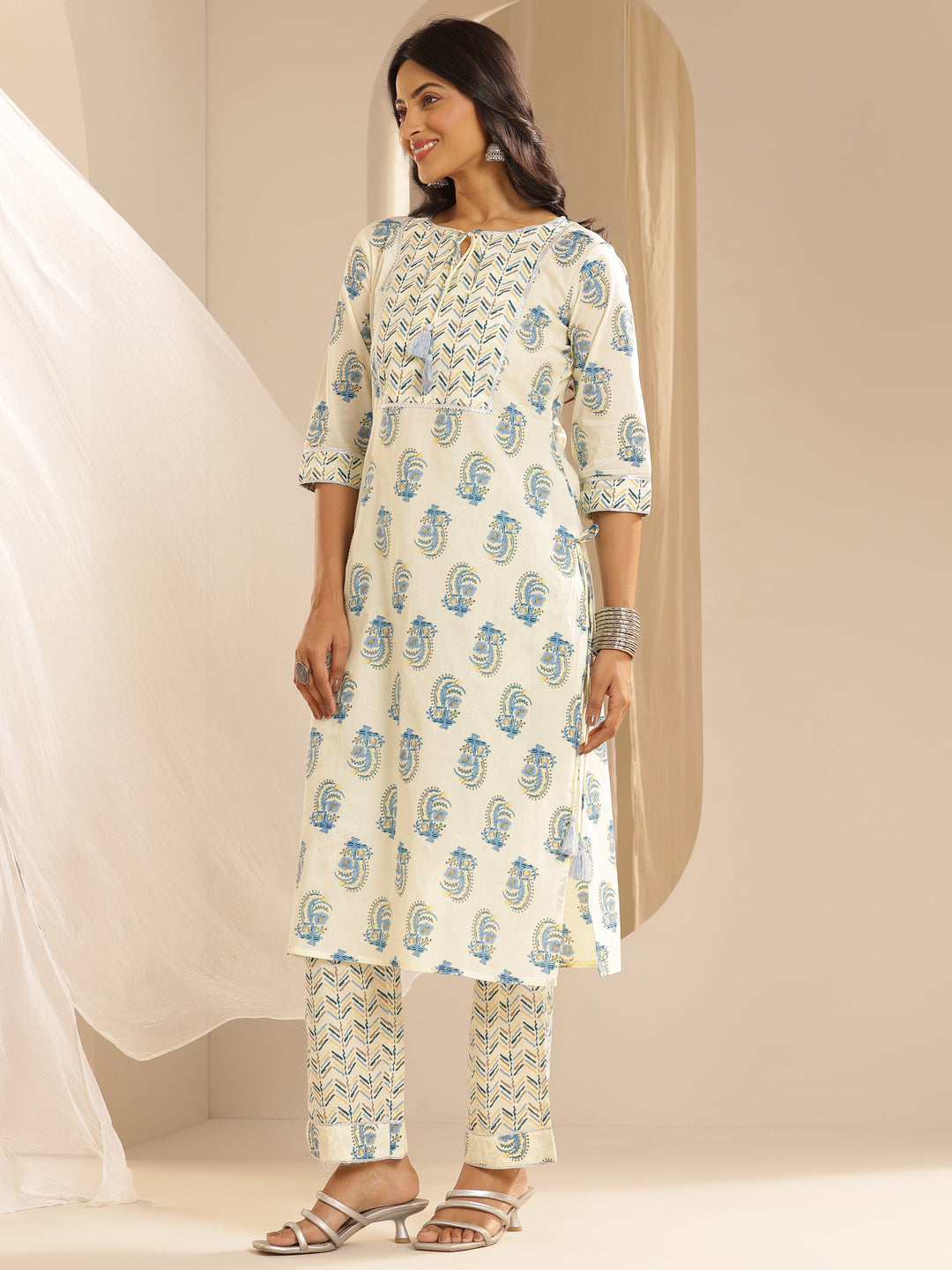 Cream Printed Cotton Straight Suit With Dupatta