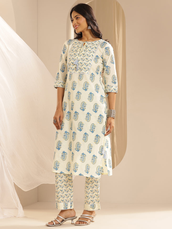Cream Printed Cotton Straight Suit With Dupatta