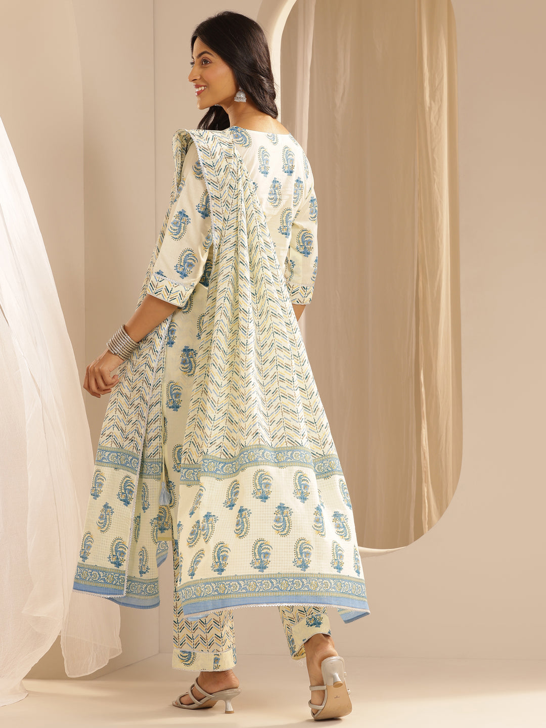 Cream Printed Cotton Straight Suit With Dupatta