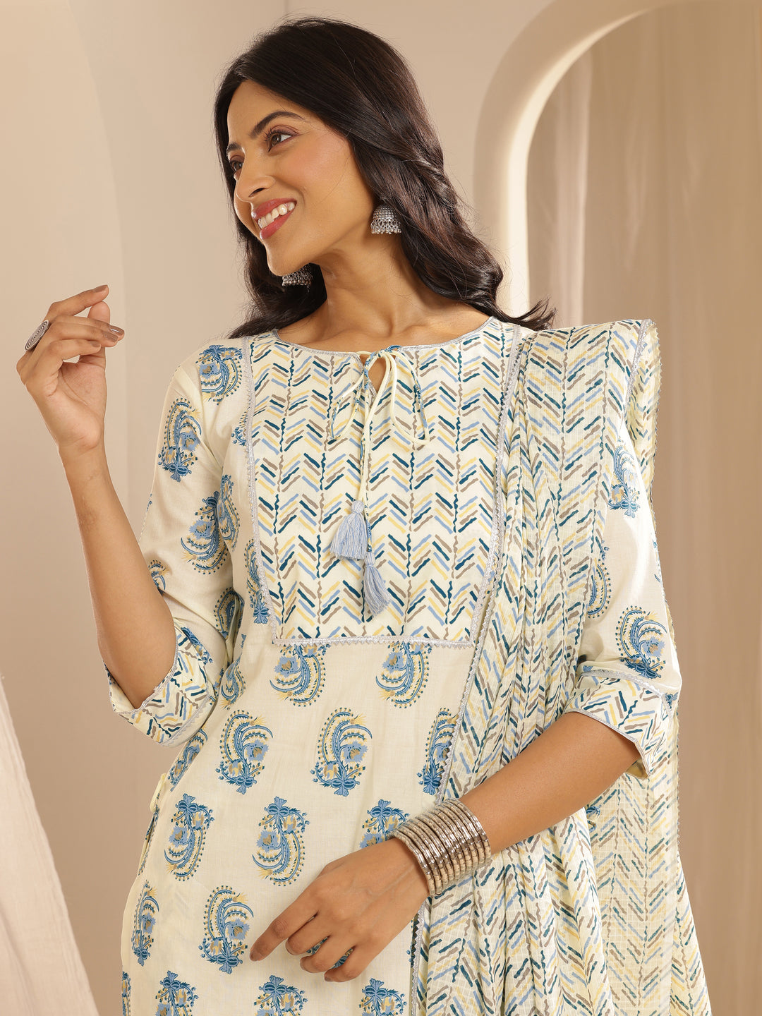 Cream Printed Cotton Straight Suit With Dupatta