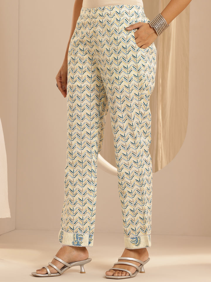 Cream Printed Cotton Straight Suit With Dupatta