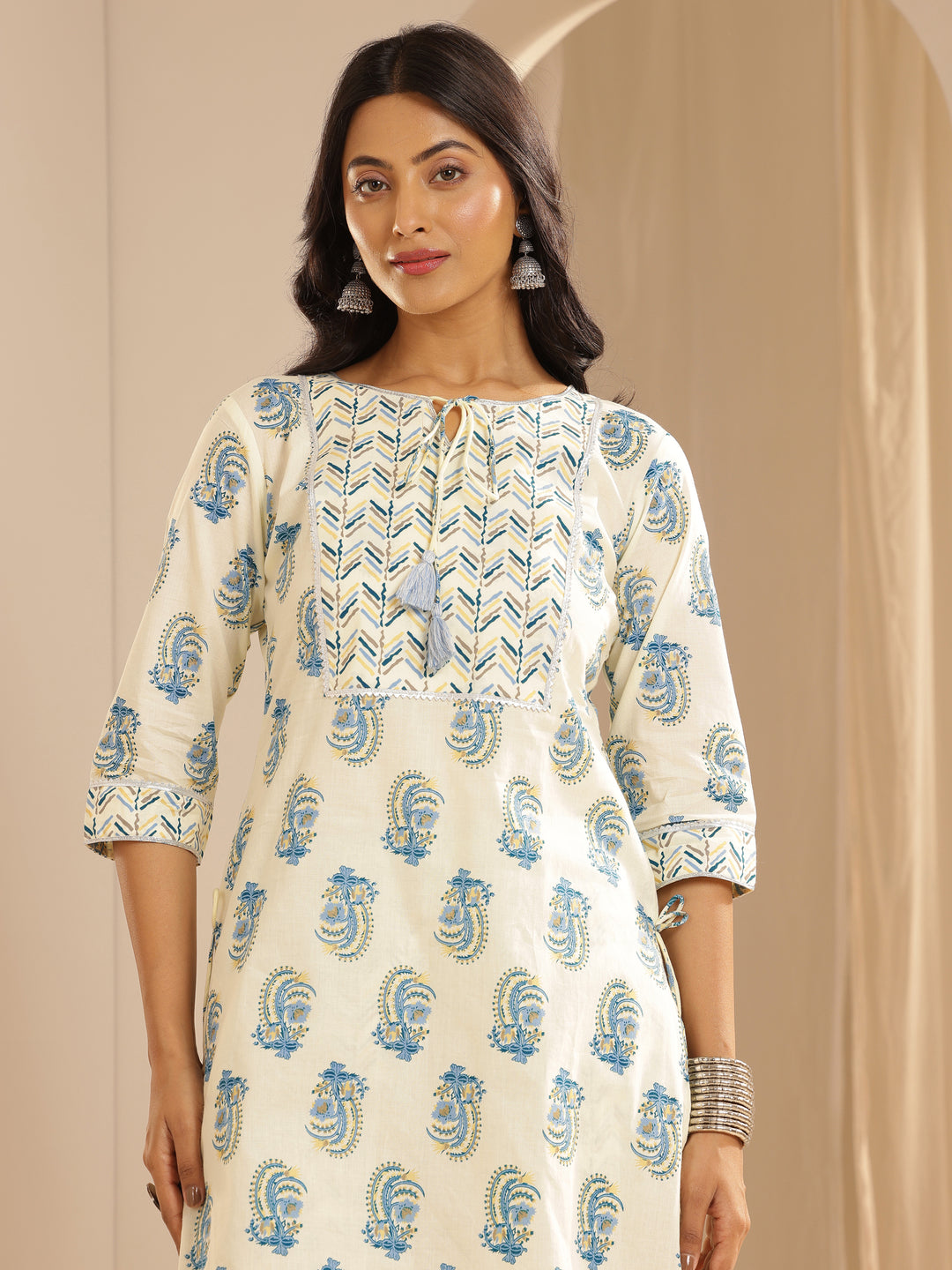 Cream Printed Cotton Straight Suit With Dupatta