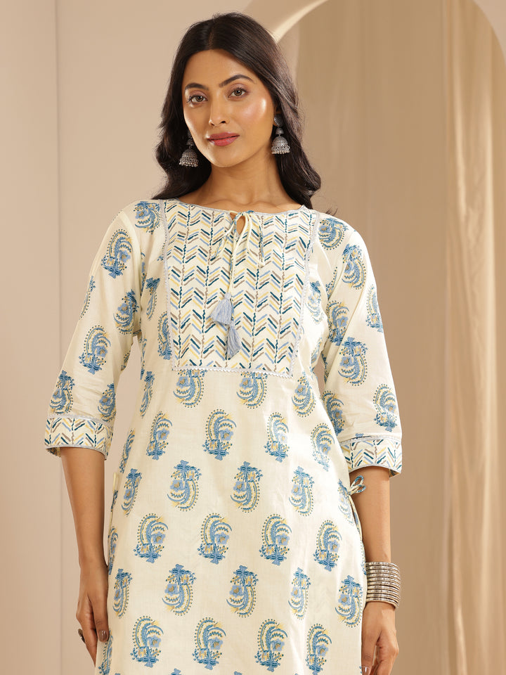 Cream Printed Cotton Straight Suit With Dupatta