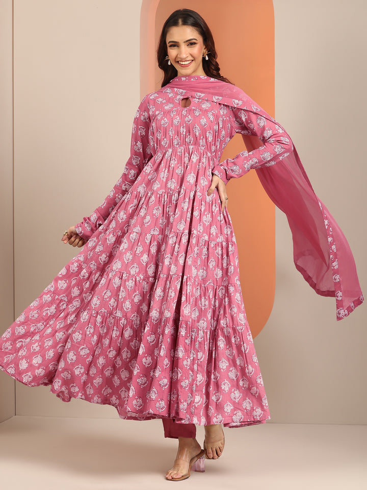 Mauve Printed Cotton Anarkali Suit Set With Dupatta