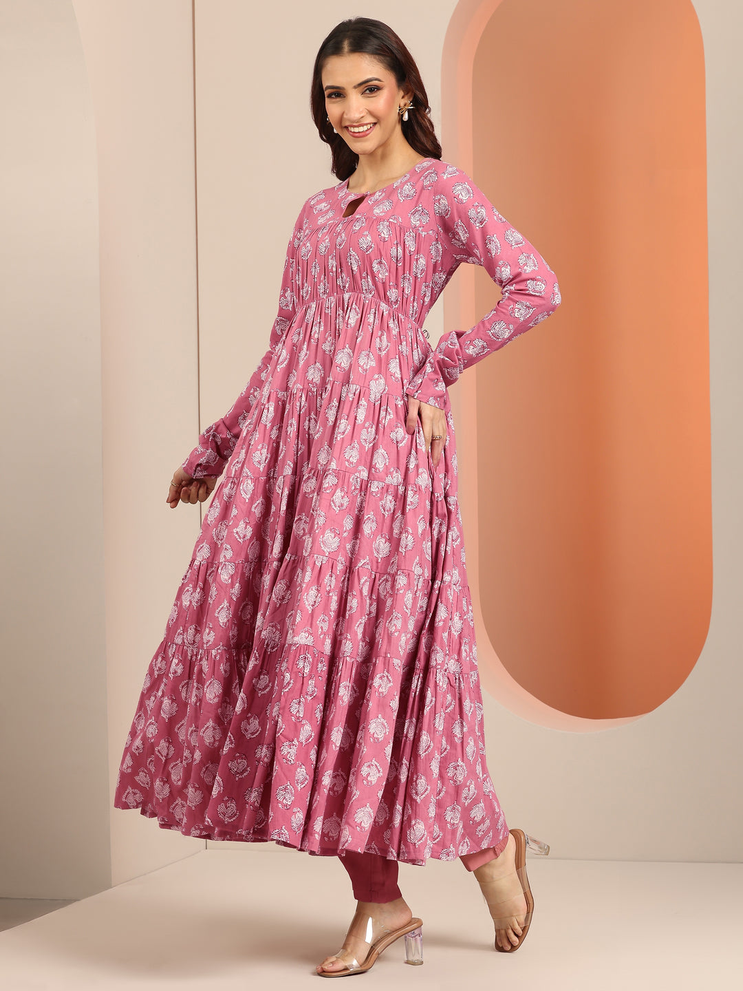 Mauve Printed Cotton Anarkali Suit Set With Dupatta