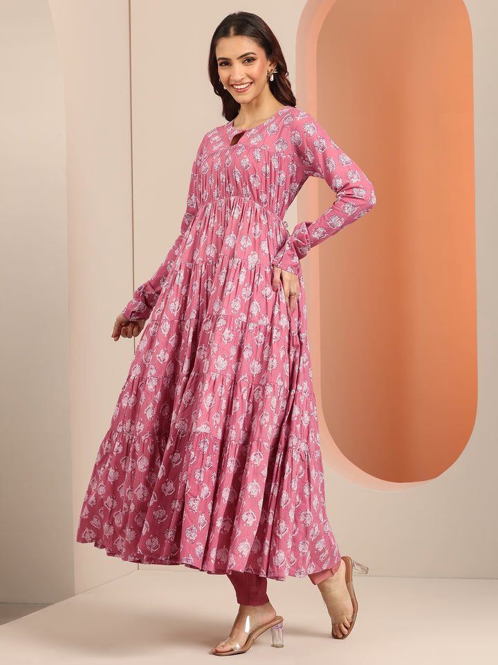 Mauve Printed Cotton Anarkali Suit Set With Dupatta