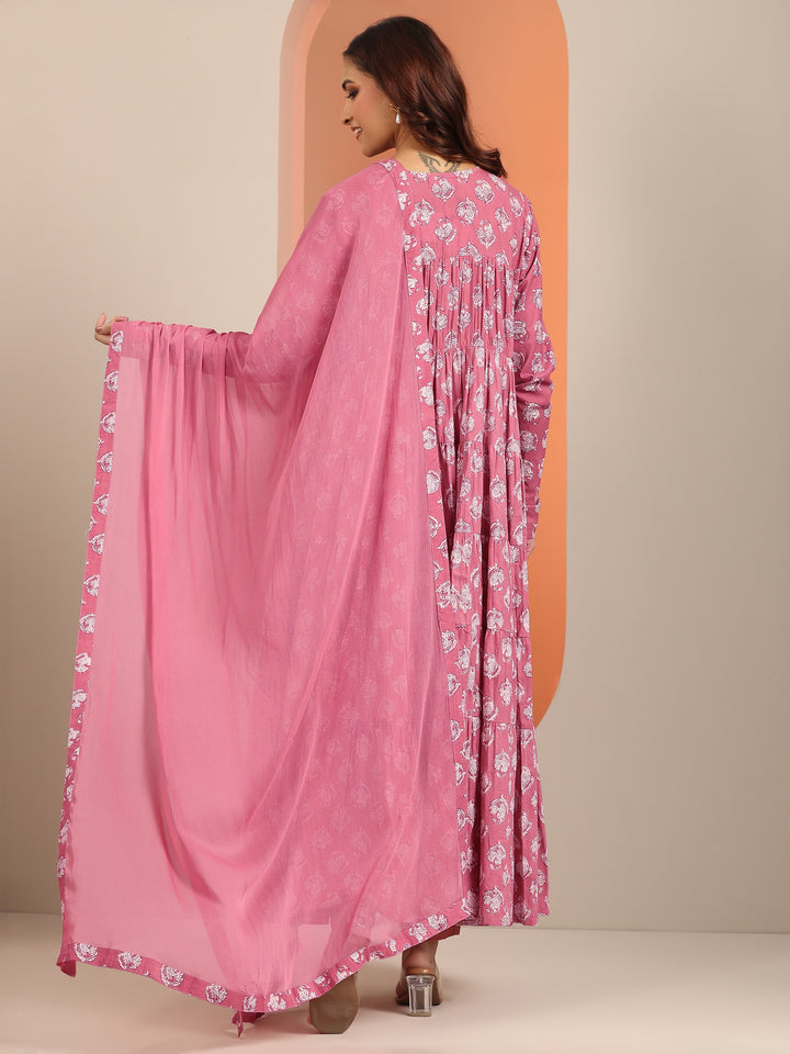 Mauve Printed Cotton Anarkali Suit Set With Dupatta
