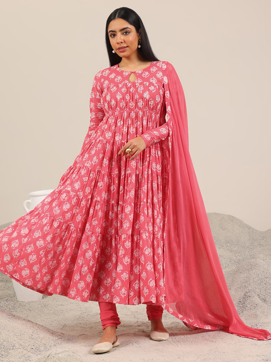 Peach Printed Cotton Anarkali Suit Set With Dupatta
