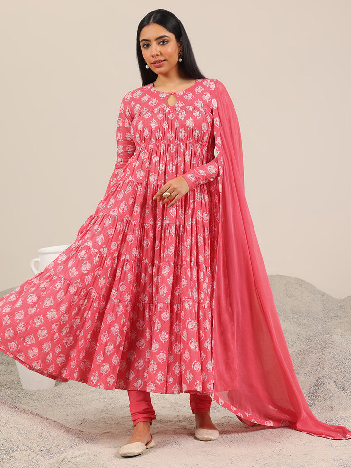 Peach Printed Cotton Anarkali Suit Set With Dupatta