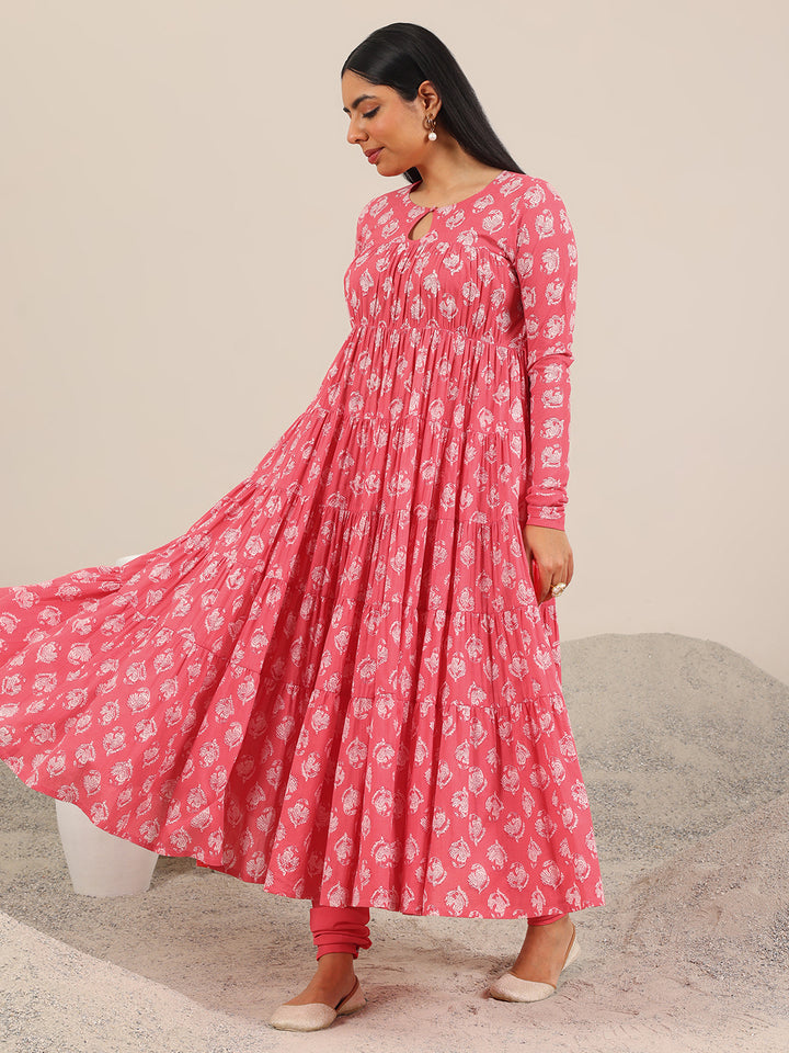 Peach Printed Cotton Anarkali Suit Set With Dupatta