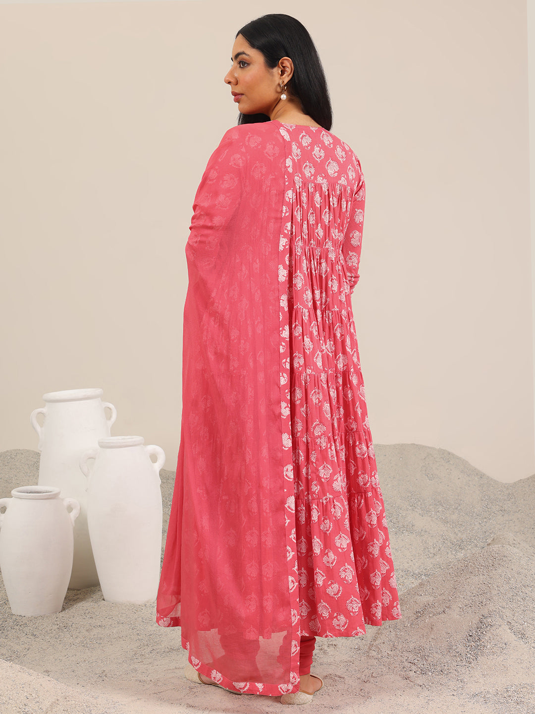 Peach Printed Cotton Anarkali Suit Set With Dupatta