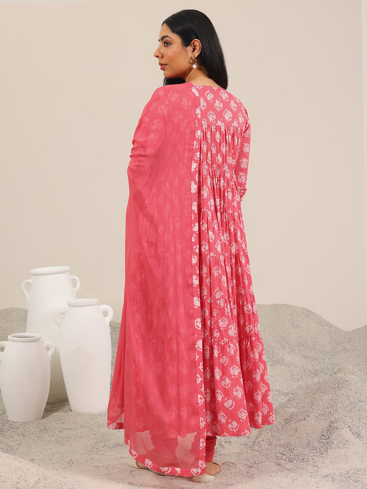Peach Printed Cotton Anarkali Suit Set With Dupatta