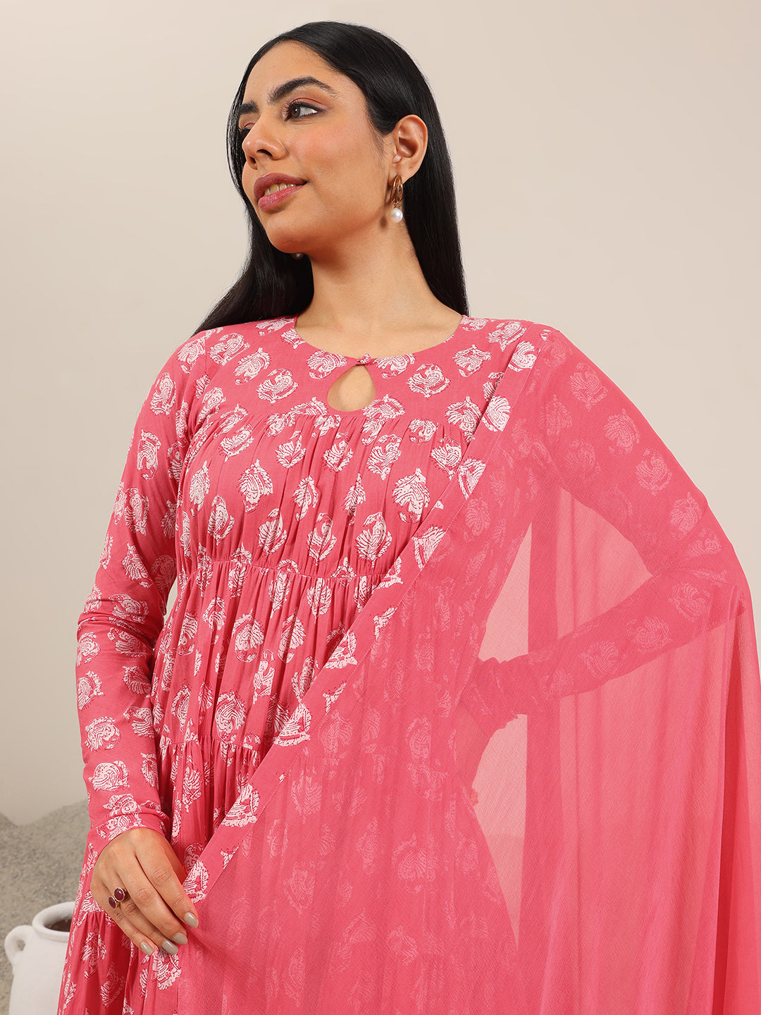 Peach Printed Cotton Anarkali Suit Set With Dupatta