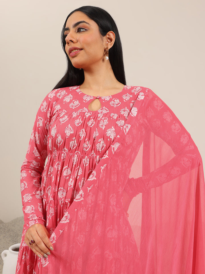 Peach Printed Cotton Anarkali Suit Set With Dupatta