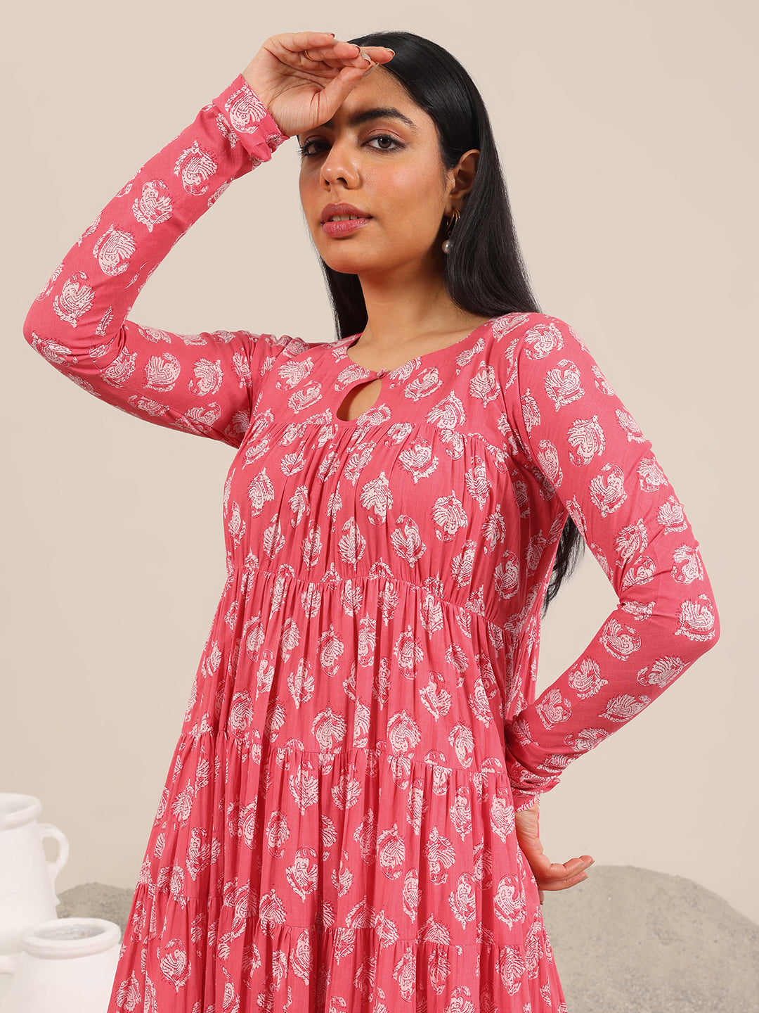 Peach Printed Cotton Anarkali Suit Set With Dupatta