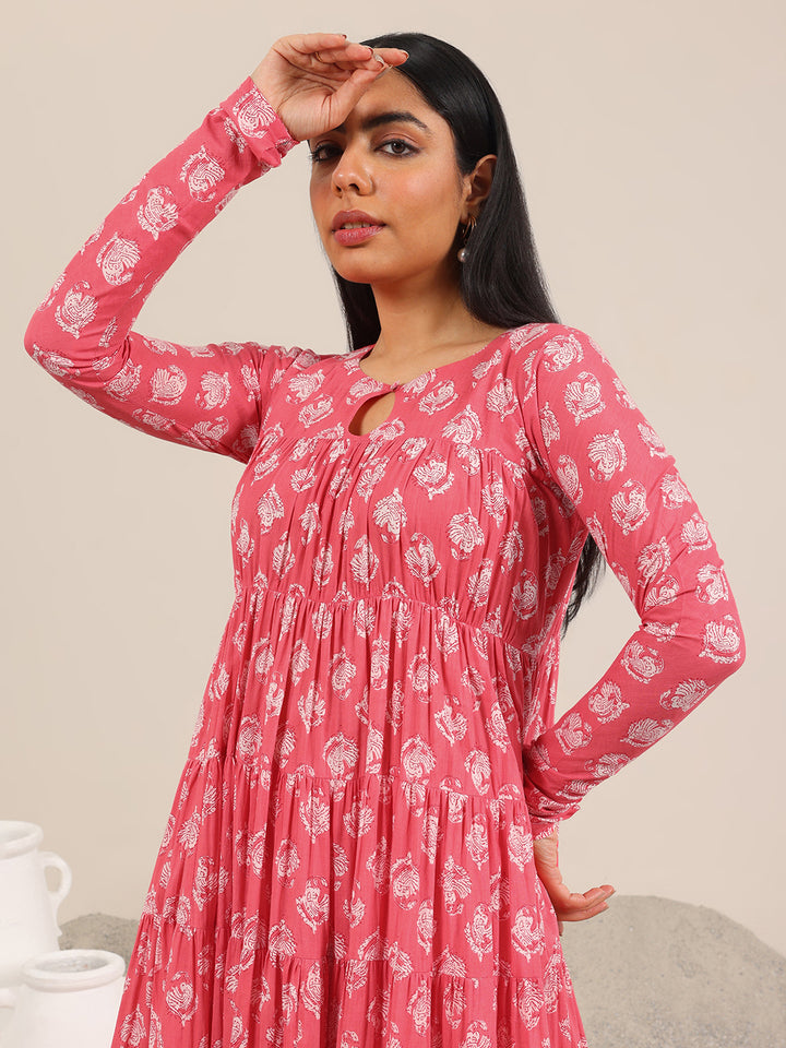 Peach Printed Cotton Anarkali Suit Set With Dupatta