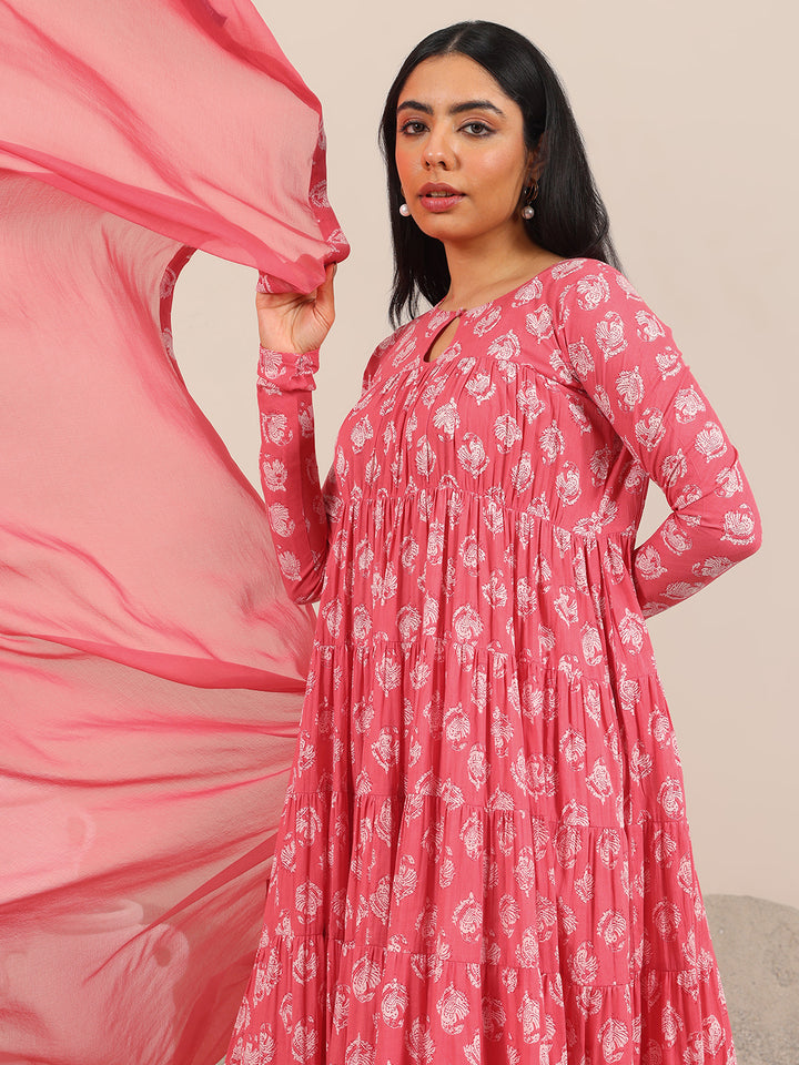 Peach Printed Cotton Anarkali Suit Set With Dupatta
