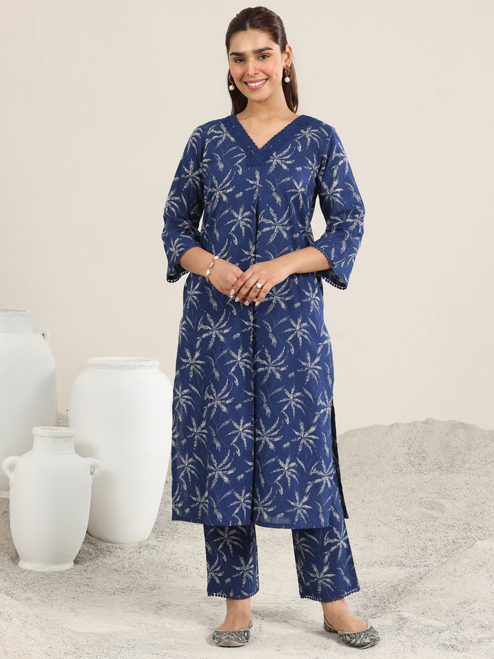Blue Printed Cotton Straight Kurta Set